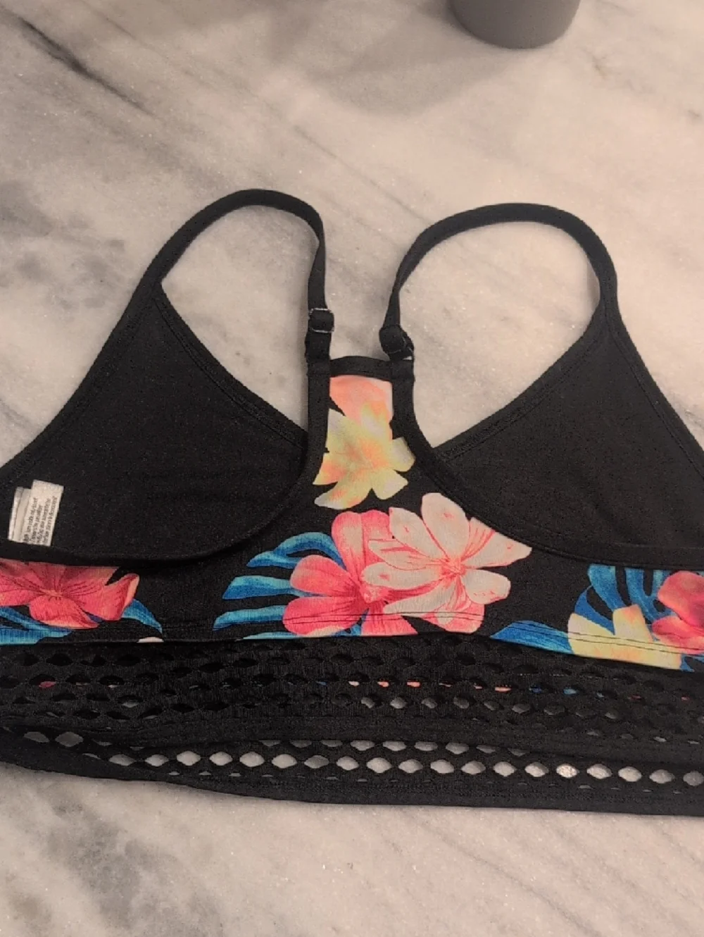 PINK Victoria's Secret Black Floral Sports Bralette with Pink & Blue Hibiscus 2